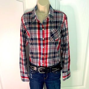 🇺🇸CLASSIC TOMMY HILFIGER RED/WHITE/BLUE PLAID WESTERN STYLE BUTTON DOWN ❤️🤍💙
